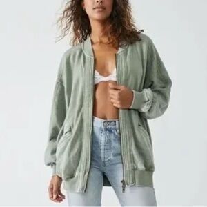 Free People Robby Bomber Jacket distress Ribbed Washed Army Green Womens XS BIG